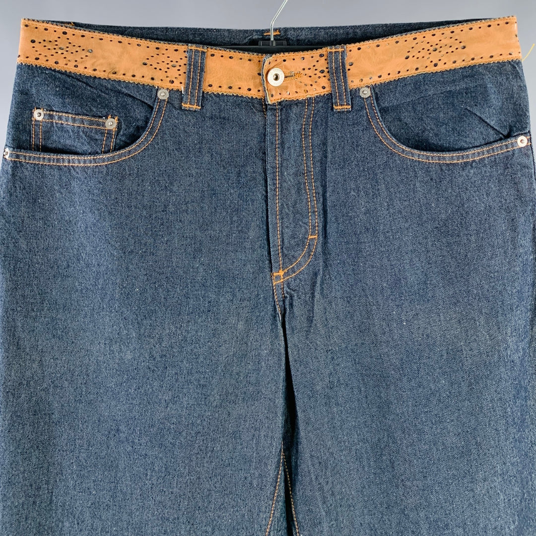 D&G by DOLCE & GABBANA Size 35 Blue Tan Perforated Leather Cotton Denim Wide Leg Jeans