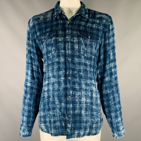 JOHN VARVATOS * U.S.A. Size XL Navy Blue Checkered Cotton Long Sleeve Shirt