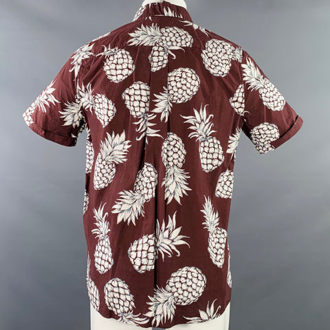 VALENTINO Size M Brown White Pineapple Print Cotton Pop Over Short Sleeve Shirt