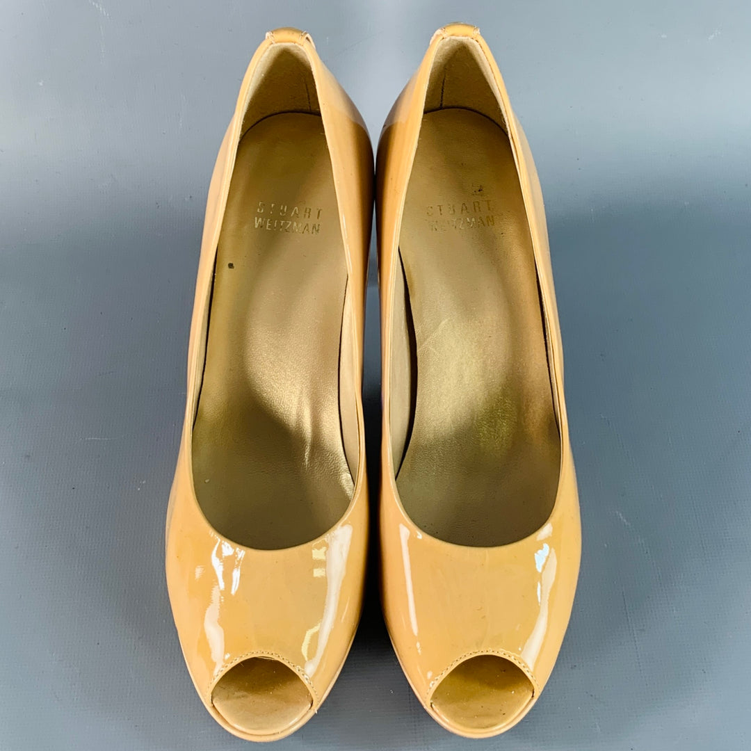 STUART WEITZMAN Size 7 Tan Patent Leather Peep Toe Pumps