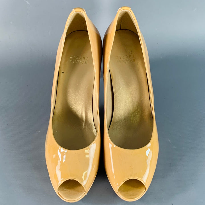 STUART WEITZMAN Size 7 Tan Patent Leather Peep Toe Pumps