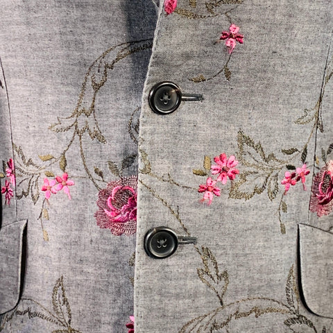 PAUL SMITH Size 38 Grey Pink Floral Embroidery Linen Slim Fit Notch Lapel Sport Coat