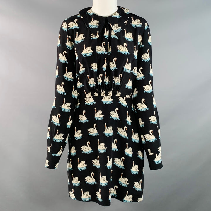 STELLA McCARTNEY 2016 Size 2 Black White Blue Silk Swans Point Collar Dress