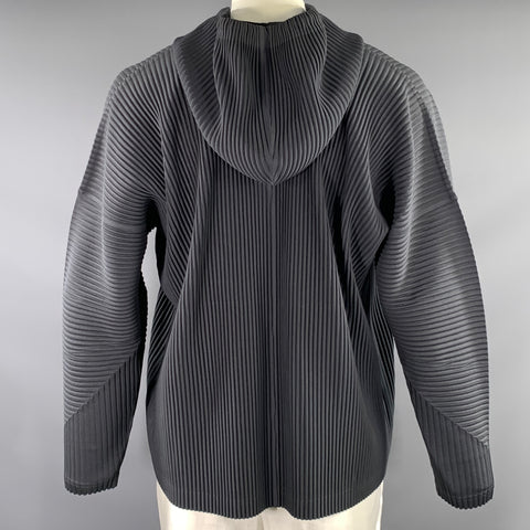 ISSEY MIYAKE Size L Grey Pleated Polyester Hooded Pullover