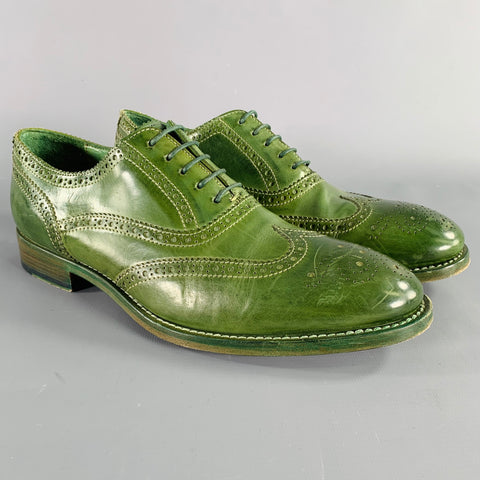 PAUL SMITH Size 8 Green Perforated Leather Wingtip Lace-Up Shoes