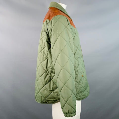 RRL by RALPH LAUREN Size XL Oilcloth Bomber Green Brown Quilted Reversible Nylon Leather Snaps Jacket