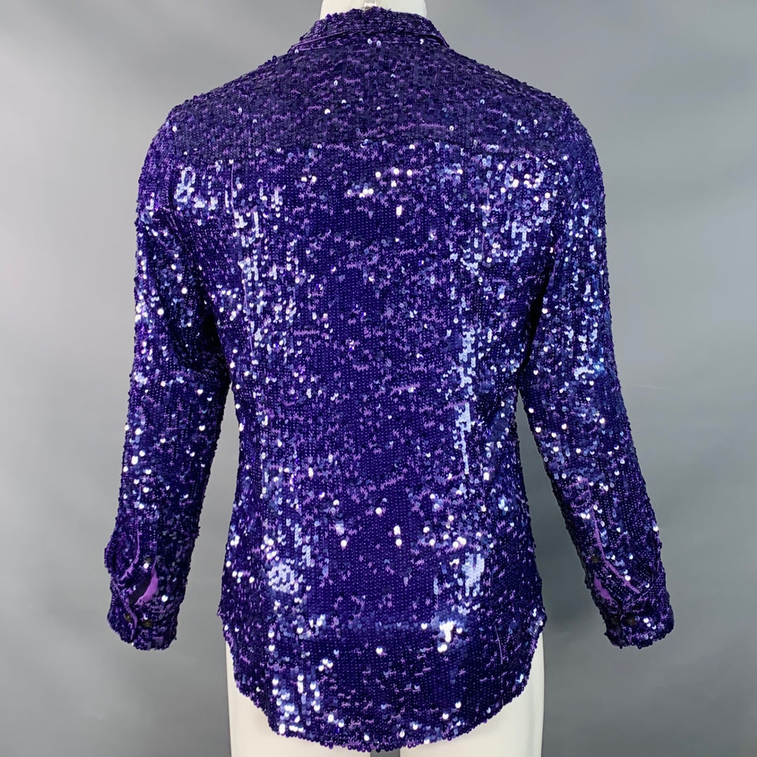 DRIES VAN NOTEN Size 38 Purple Sequined Viscose Hidden Buttons Long Sleeve Shirt