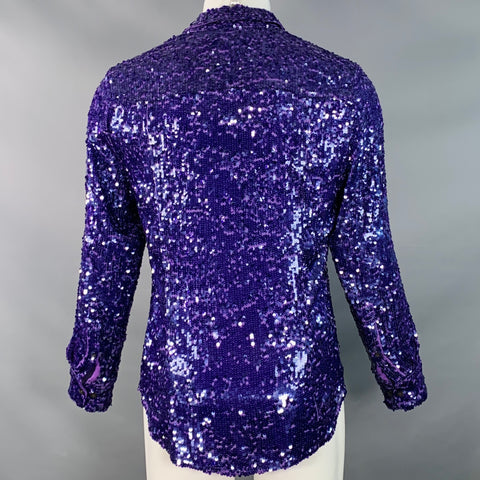 DRIES VAN NOTEN Size 38 Purple Sequined Viscose Hidden Buttons Long Sleeve Shirt