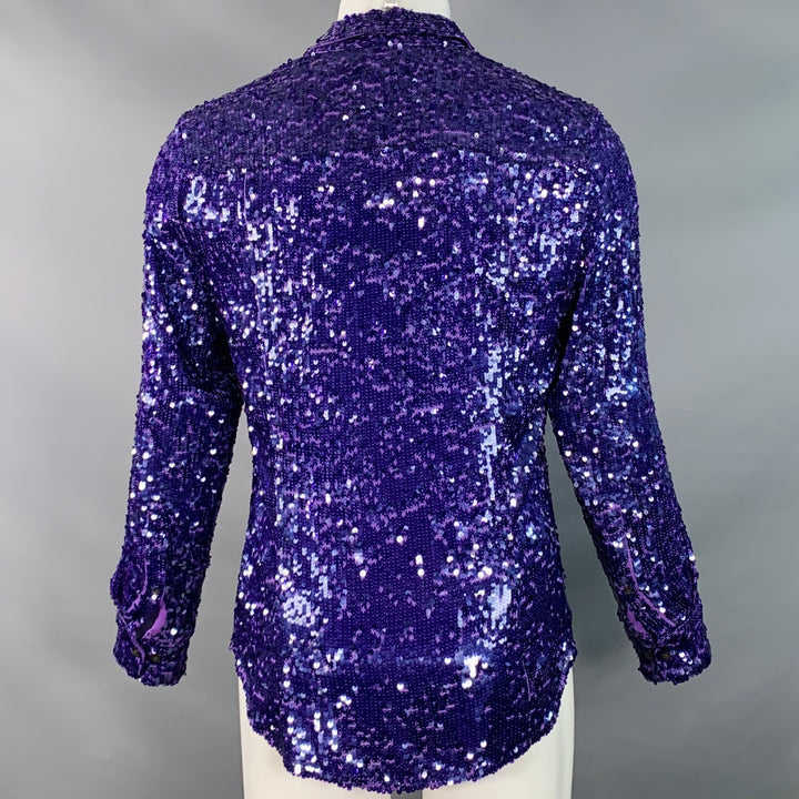 DRIES VAN NOTEN Size 38 Purple Sequined Viscose Hidden Buttons Long Sleeve Shirt