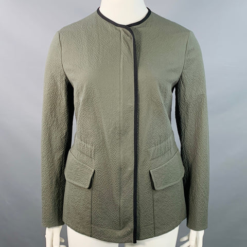 AKRIS Size 12 Black Olive Cotton Blend Seersucker Zip Snaps Collarless Jacket