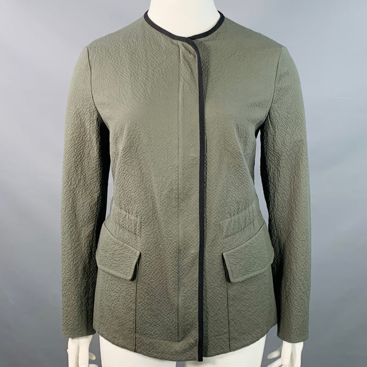 AKRIS Size 12 Black Olive Cotton Blend Seersucker Zip Snaps Collarless Jacket