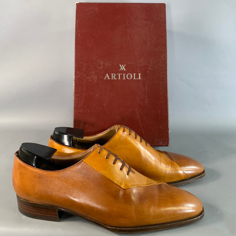 ARTIOLI Size 9.5 Brown Cognac Color Block Leather Oxford Lace Up Shoes