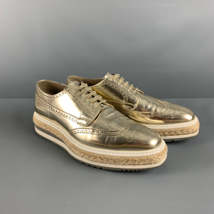 PRADA Size 10 Gold Perforated Leather Platform Lace-Up Shoes