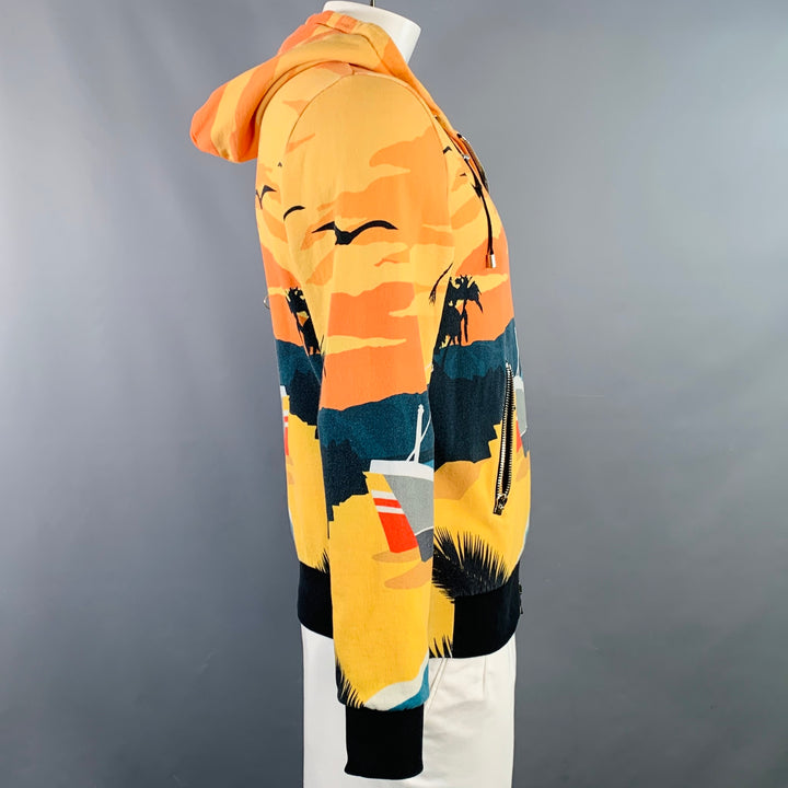 BALMAIN Size L Black Orange Blue Tropical Cotton Hooded Zip Up Sweatshirt