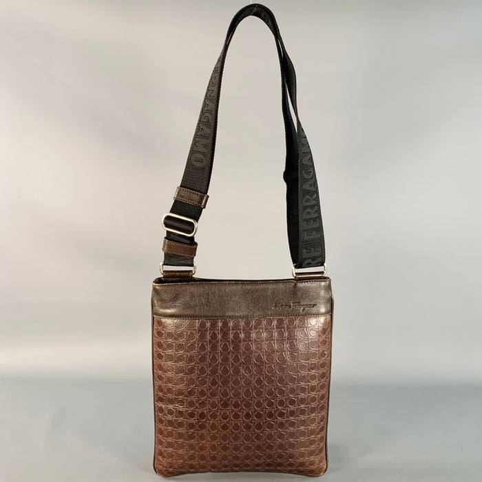 SALVATORE FERRAGAMO One Size Brown Black Leather Nylon Embossed Logo Crossbody Bag