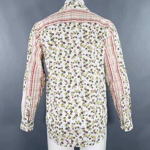 MARNI Size 36 White Green Brown Floral Cotton One Pocket Long Sleeve Shirt