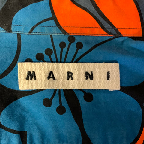 MARNI Size S Blue Black Orange Floral Cotton Pointed Collar Long Sleeve Shirt