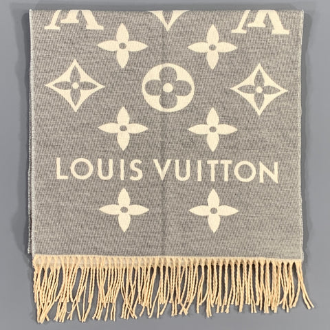 LOUIS VUITTON Size One Size Grey Cream Logo Cashmere Scarves