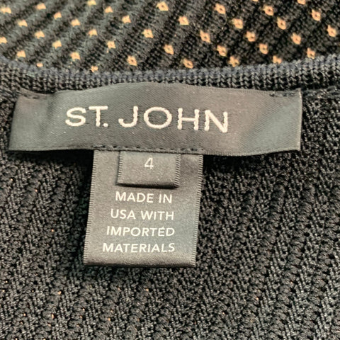 ST. JOHN Size 4 Black Beige Rayon Blend Nailhead Short Sleeve Mid-Calf Dress