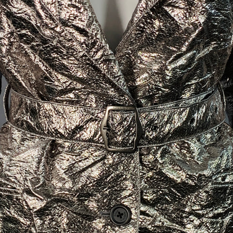 SIES MARJAN Size 6 Metallic Silver Polyester Blend Notch Lapel Belted Jacket