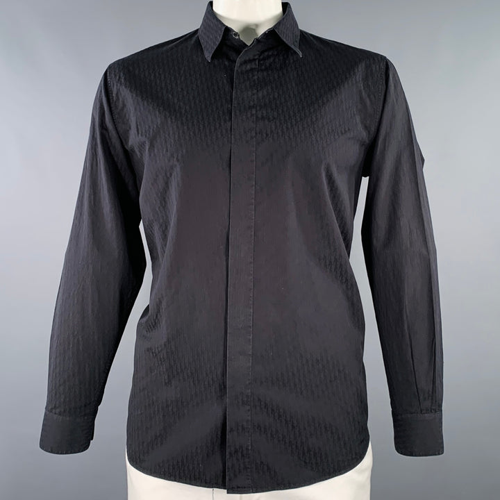 DIOR Size L Black Monogram Cotton Hidden Buttons Long Sleeve Shirt