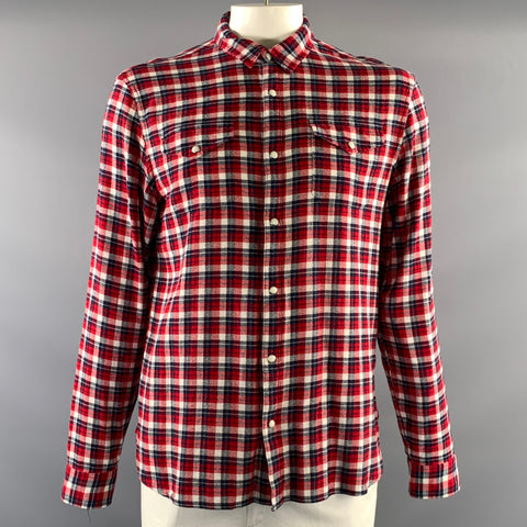 JOHN VARVATOS Size L Red Navy & Cream Plaid Cotton Long Sleeve Shirt