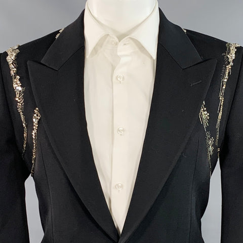 ALEXANDER MCQUEEN Size 38 Black Rhinestone Wool Peak Lapel Sport Coat