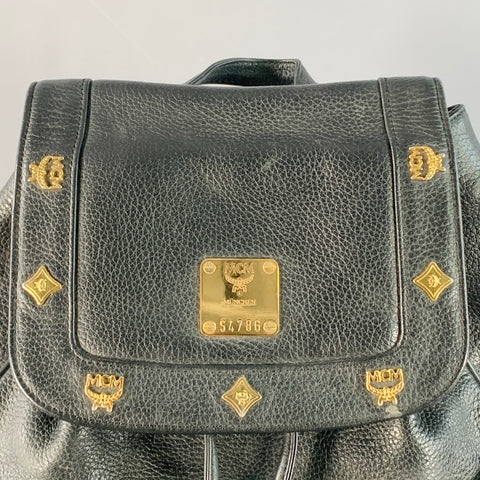 MCM Vintage Small Black Gold Leather Drawstring Backpack
