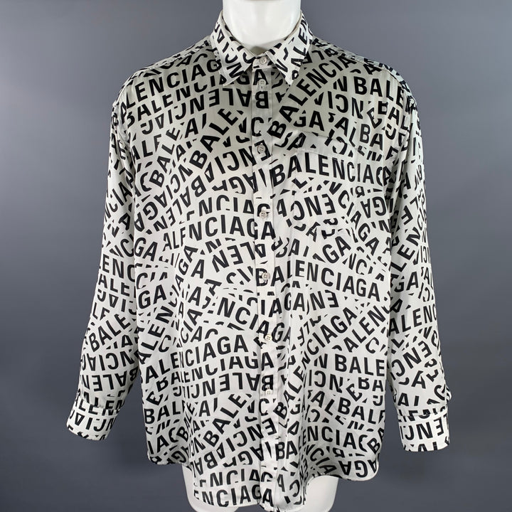 BALENCIAGA Size S Black White Monogram Polyester Button Up Long Sleeve Shirt