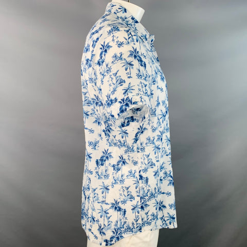 PARKE & RONEN Size XL White Blue Palms Cotton Point Collar Short Sleeve Shirt