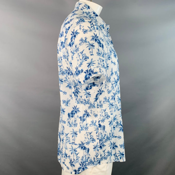 PARKE & RONEN Size XL White Blue Palms Cotton Point Collar Short Sleeve Shirt