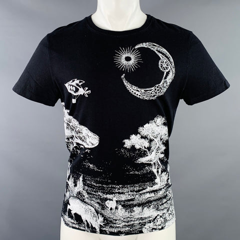 VALENTINO 2020 Size M Black White Landscape Graphic Cotton Crew Neck T-shirt