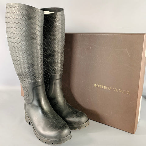 BOTTEGA VENETA Taille 8 Bottes de Pluie en Caoutchouc Noir Tressé Intrecciato
