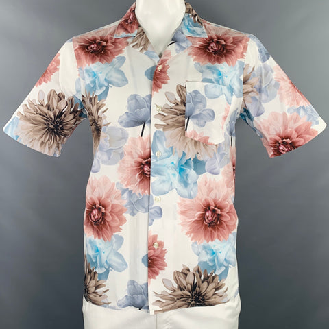 PRESIDENT's Size L White Pink Blue Floral Cotton One Pocket Short Sleeve Shirt