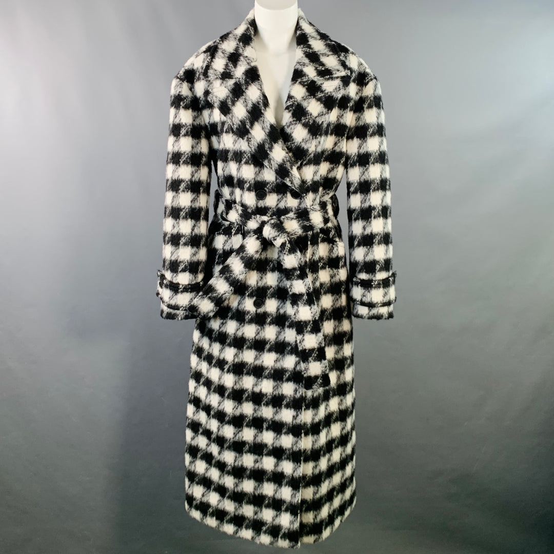 ALLSAINTS Size 8 Black White Wool Blend Checkered Double Breasted Belted Coat
