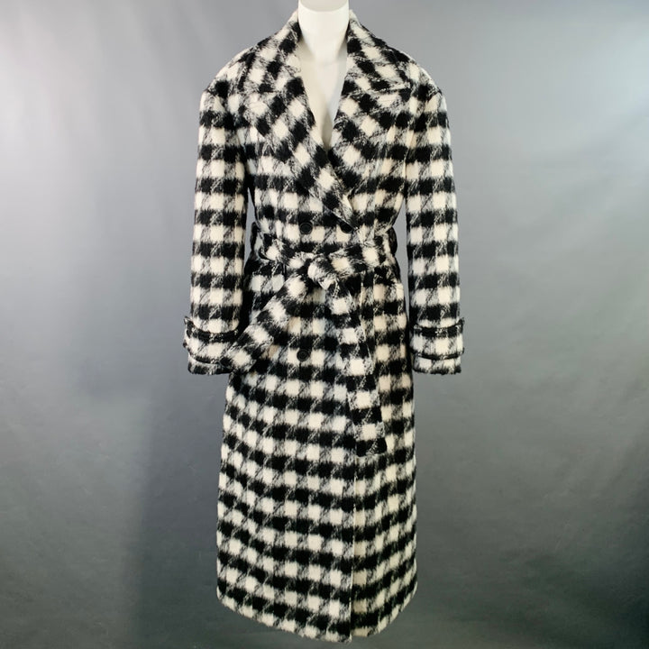 ALLSAINTS Size 8 Black White Wool Blend Checkered Double Breasted Belted Coat