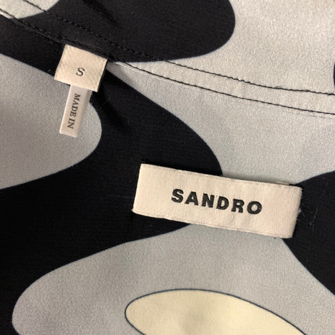 SANDRO Size M Black Light Blue Geometric Viscose Long Sleeve Shirt