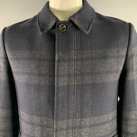 TED BAKER Chest Size L Navy Grey Plaid Wool Blend Car Coat Coat