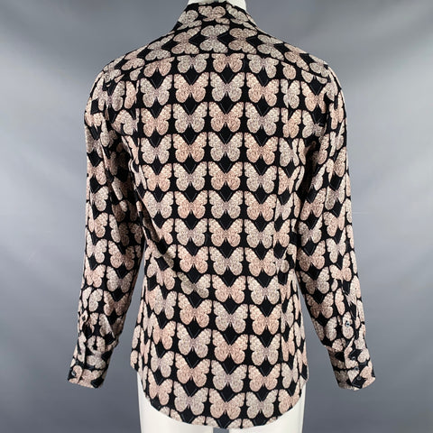 GUCCI Size S Black Rose Grey Butterfly Silk Button Up Long Sleeve Shirt