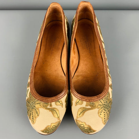 DRIES VAN NOTEN Size 7.5 Cream Gold Fabric Embroidered Leaves Wedge Flats