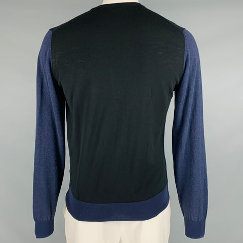 LANVIN Size L Black Purple Color Block Wool V-Neck Cardigan