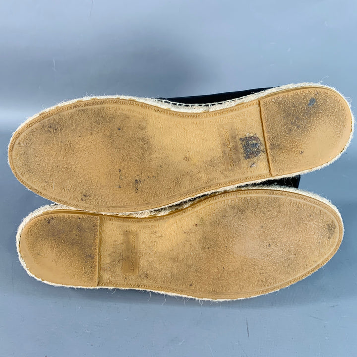 SAINT LAURENT Size 12 Black Natural Logo Leather Espadrille Sneakers