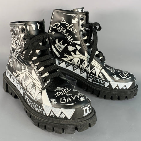 DOLCE & GABBANA Size 8 Black White Painted Chunky Lug Sole Combat Boots