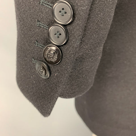 THE KOOPLES Size 44 Black Wool Blend Leather Trim Peak Lapel Coat