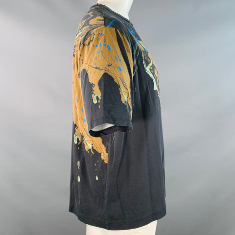 DRIES VAN NOTEN Size L Grey Orange Marble Drips Cotton Crew Neck T-shirt
