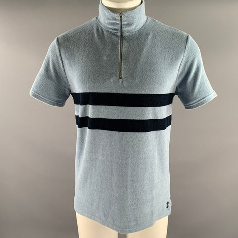 RON DORFF Size M Blue Navy Stripe Cotton Blend Terry Zip Mock Neck Short Sleeve Polo