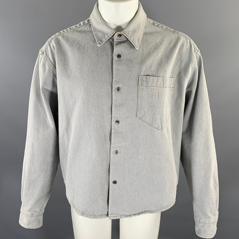 AMI by ALEXANDRE MATTIUSSI Size M Grey Contrast Stitch Cropped Cotton Overshirt