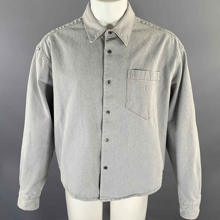 AMI by ALEXANDRE MATTIUSSI Size M Grey Contrast Stitch Cropped Cotton Overshirt