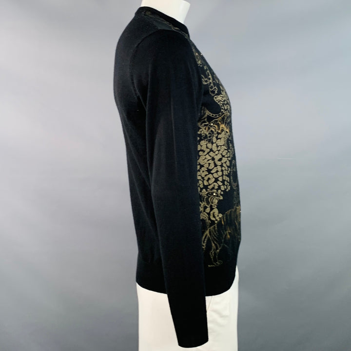 VERSACE JEANS Size L Black Gold Tiger Cotton Print Studded Crew Neck Sweater