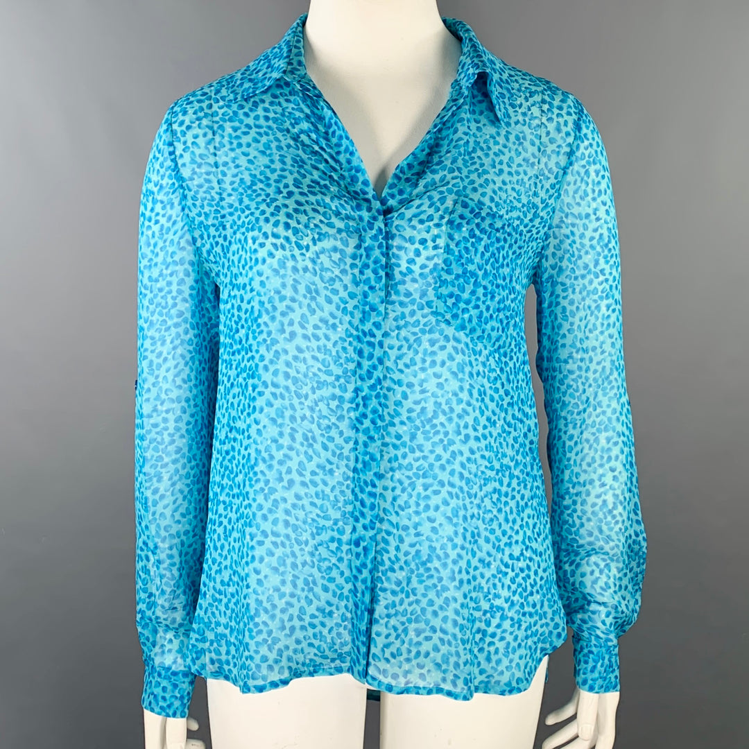 DIANE VON FURSTENBERG Size 12 Aqua Blue Silk Abstract Hidden Buttons Shirt